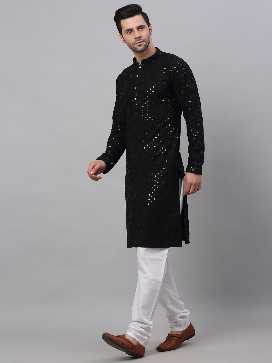 Men Black Chikankari Embroidered And Sequence Kurta With Churidar