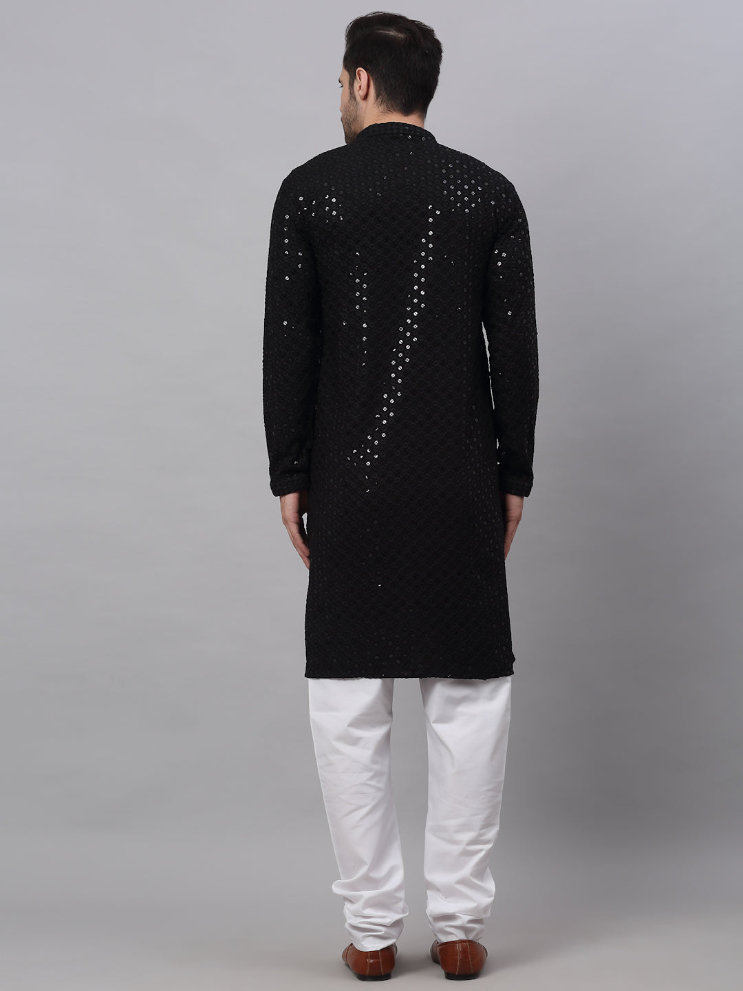 Men Black Chikankari Embroidered And Sequence Kurta With Churidar