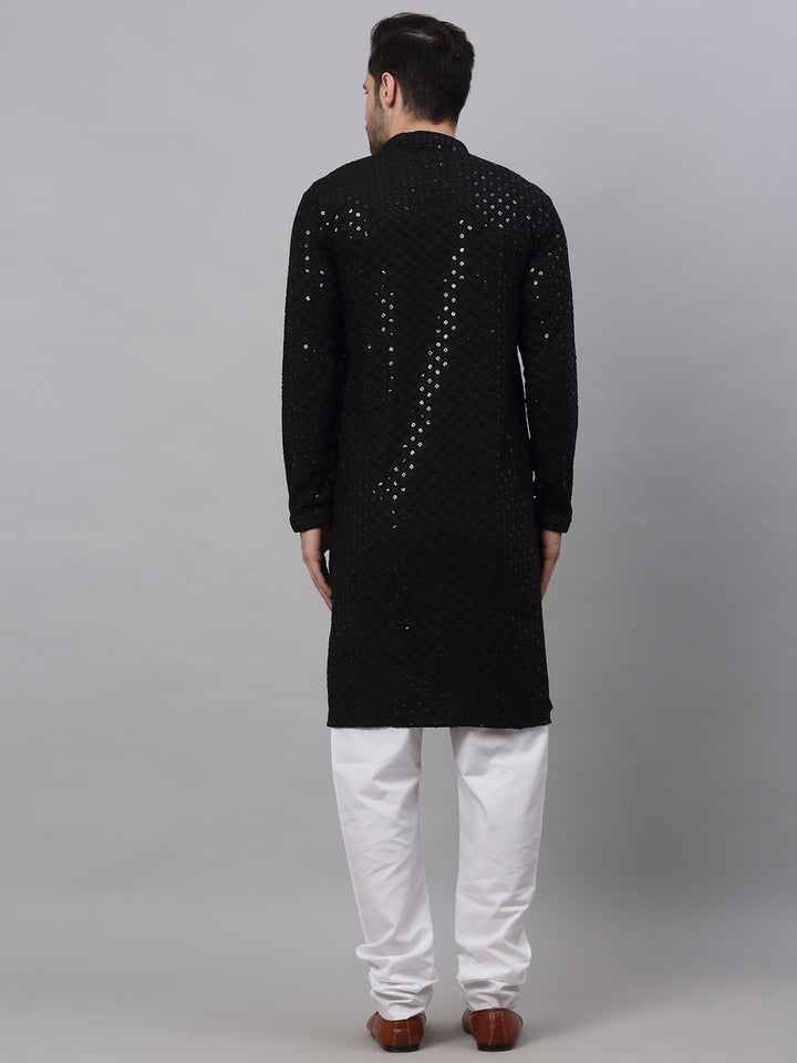 Men Black Chikankari Embroidered And Sequence Kurta With Churidar