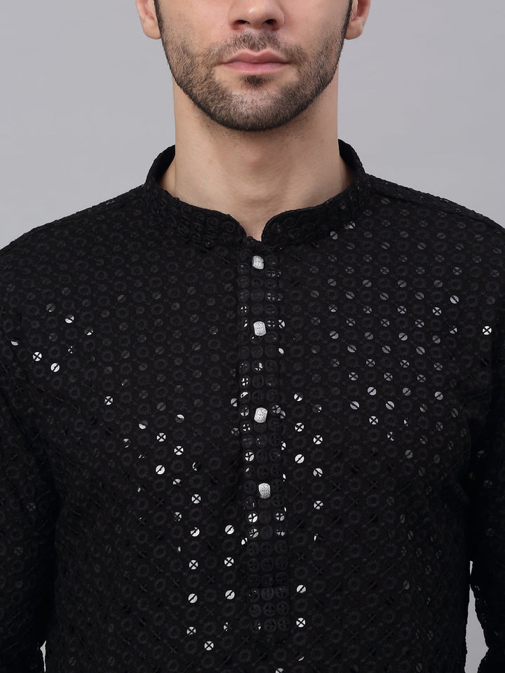 Men Black Chikankari Embroidered And Sequence Kurta With Churidar