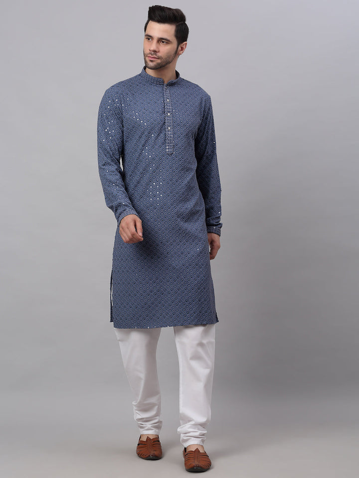 Men Grey Chikankari Embroidered And Sequence Kurta With Churidar