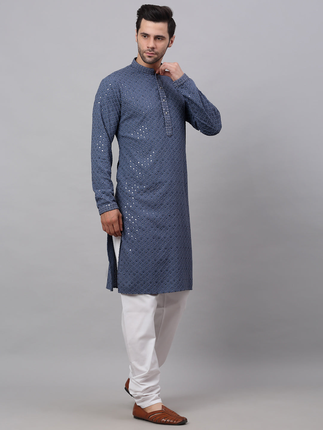 Men Grey Chikankari Embroidered And Sequence Kurta With Churidar
