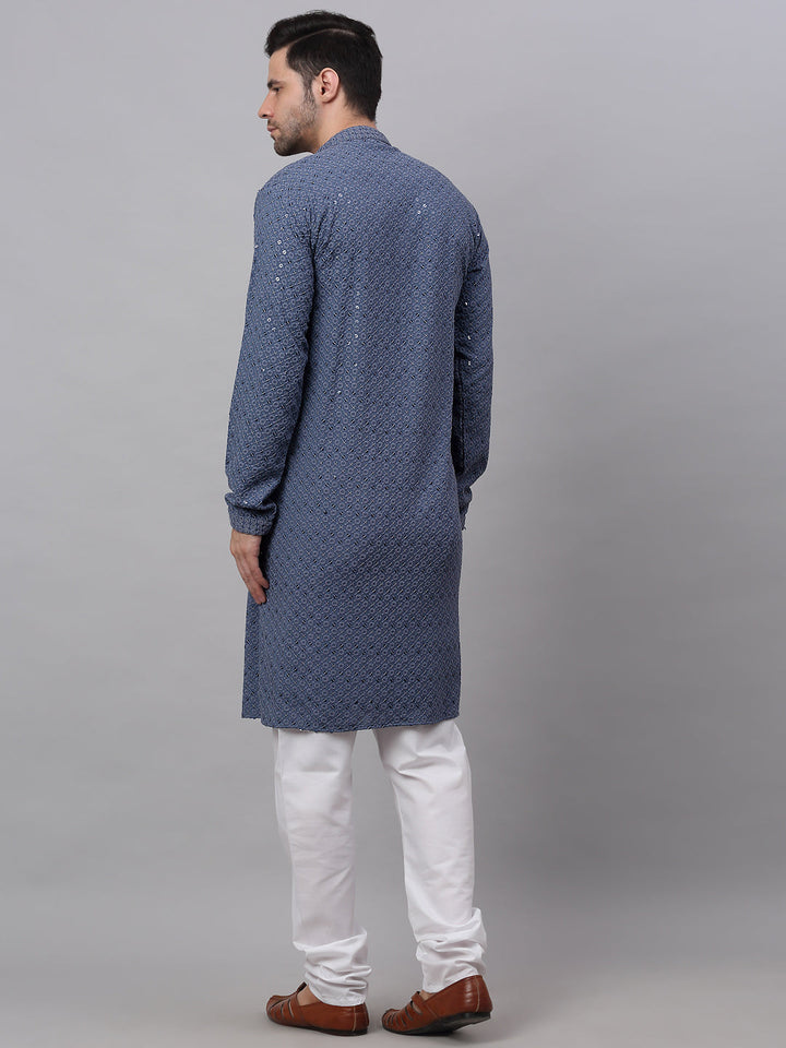 Men Grey Chikankari Embroidered And Sequence Kurta With Churidar