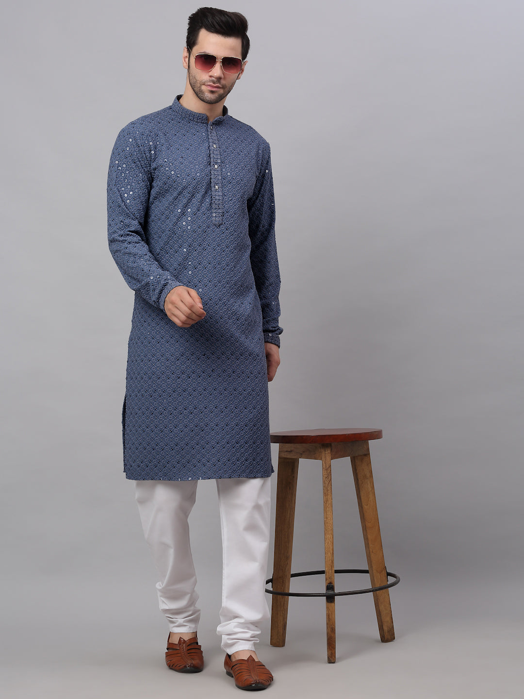 Men Grey Chikankari Embroidered And Sequence Kurta With Churidar