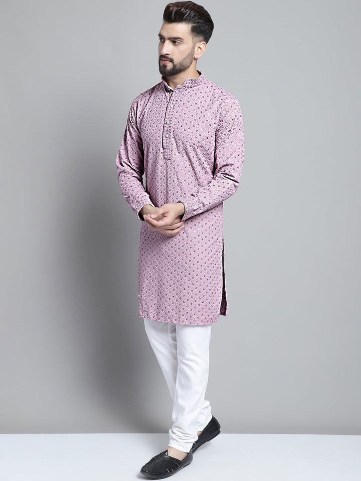 Men Purple Chikankari Embroidered And Sequence Kurta With Churidar