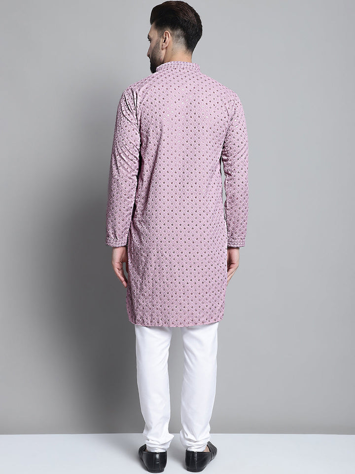 Men Purple Chikankari Embroidered And Sequence Kurta With Churidar