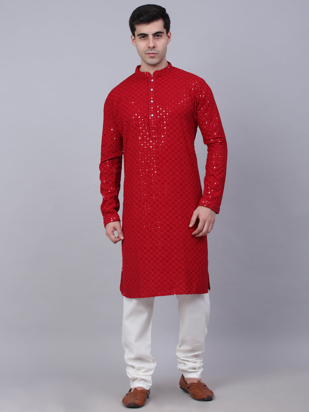 Men Maroon Chikankari Embroidered And Sequence Kurta With Churidar