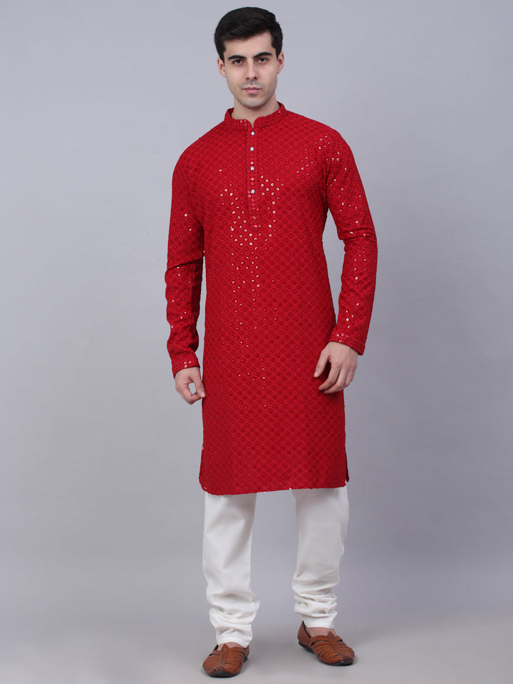 Men Maroon Chikankari Embroidered And Sequence Kurta With Churidar