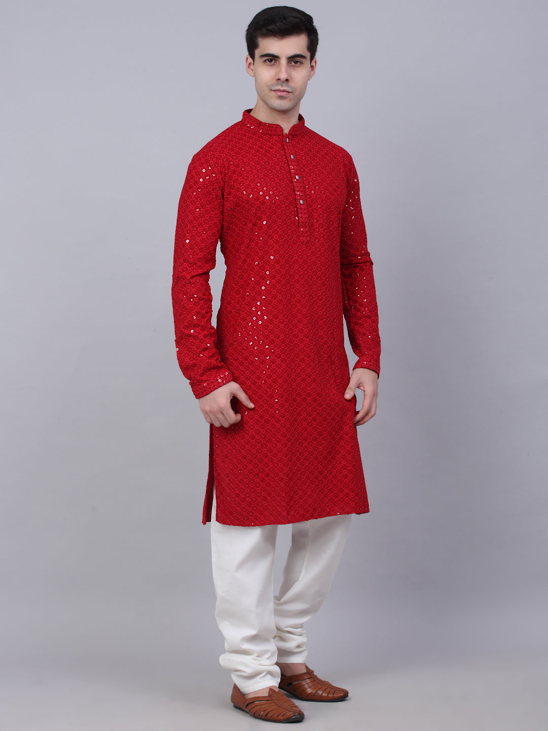 Men Maroon Chikankari Embroidered And Sequence Kurta With Churidar