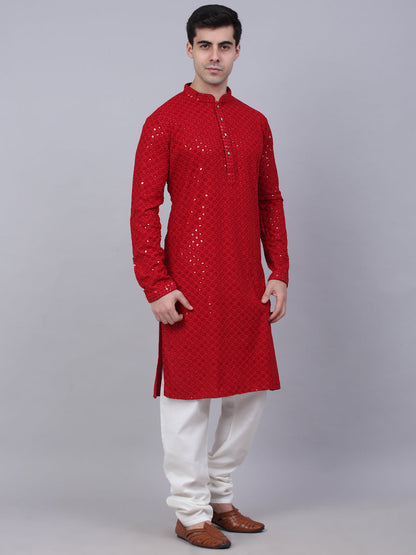 Men Maroon Chikankari Embroidered And Sequence Kurta With Churidar