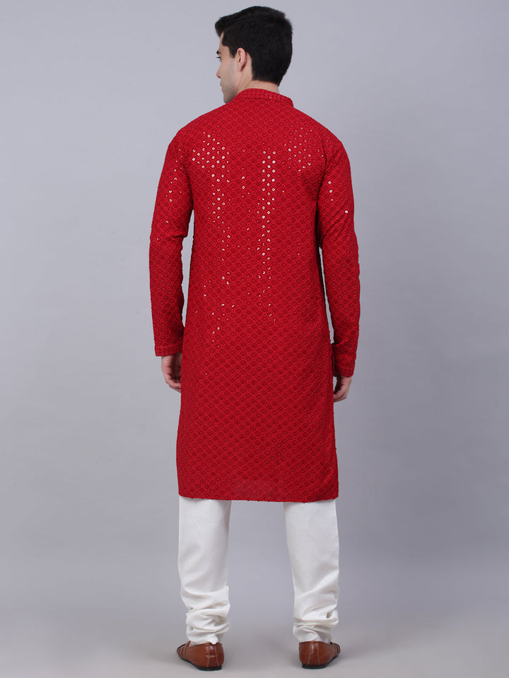 Men Maroon Chikankari Embroidered And Sequence Kurta With Churidar