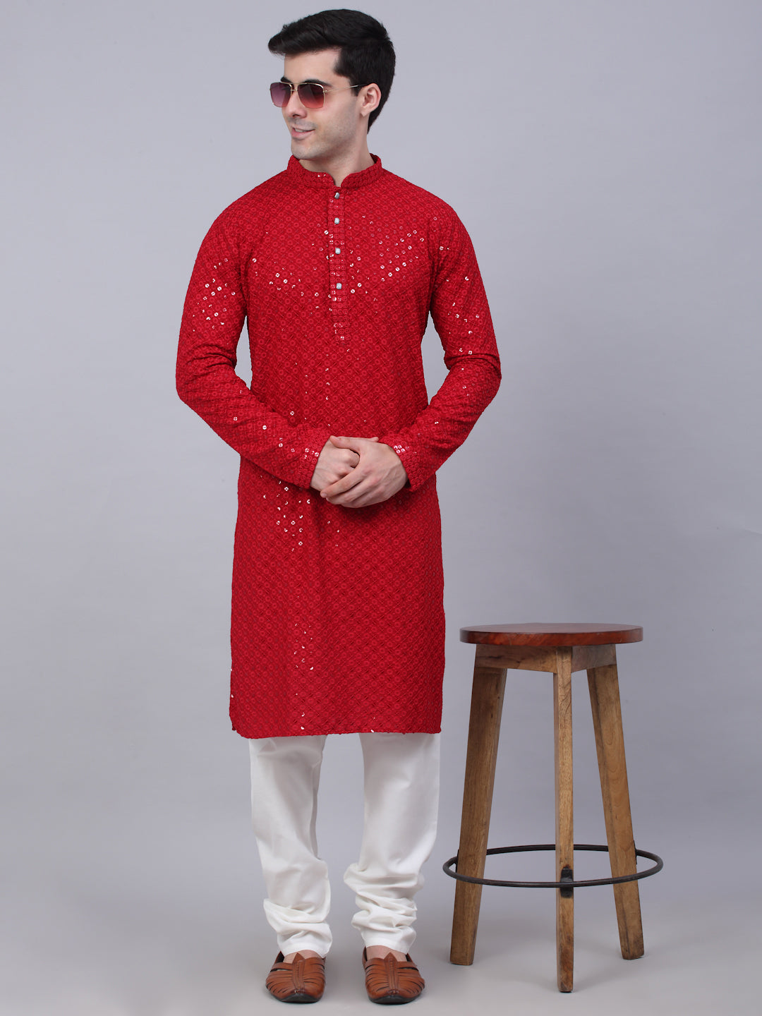 Men Maroon Chikankari Embroidered And Sequence Kurta With Churidar