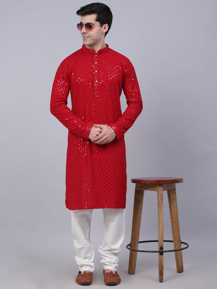 Men Maroon Chikankari Embroidered And Sequence Kurta With Churidar
