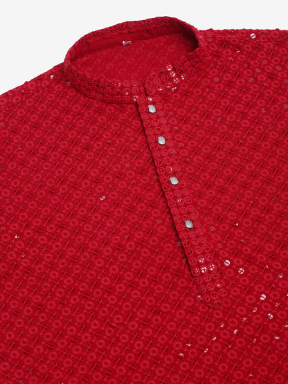 Men Maroon Chikankari Embroidered And Sequence Kurta With Churidar