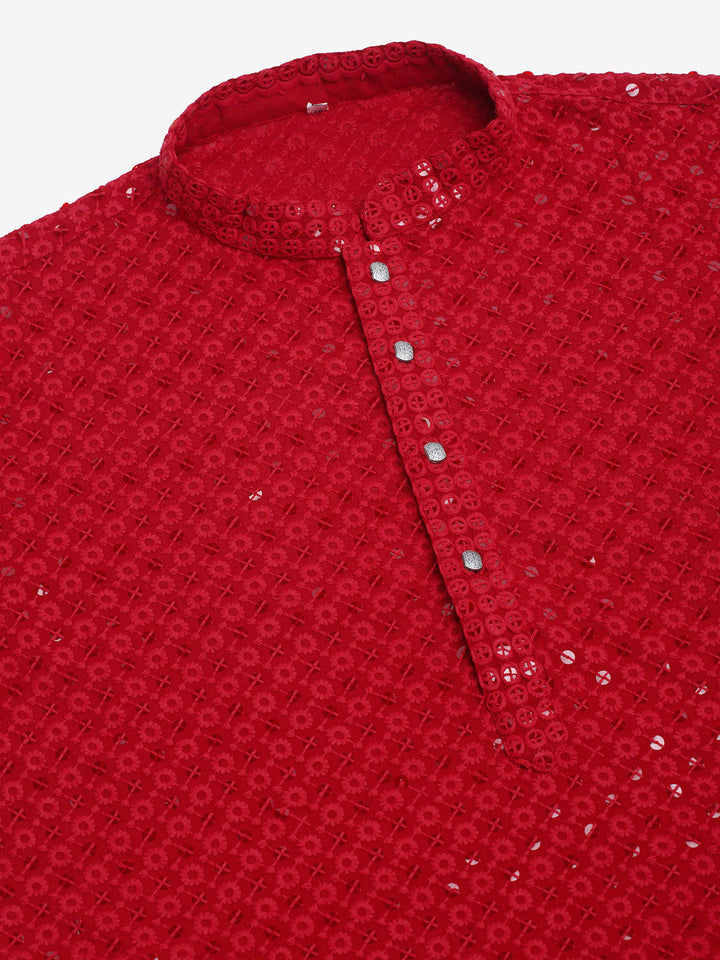 Men Maroon Chikankari Embroidered And Sequence Kurta With Churidar