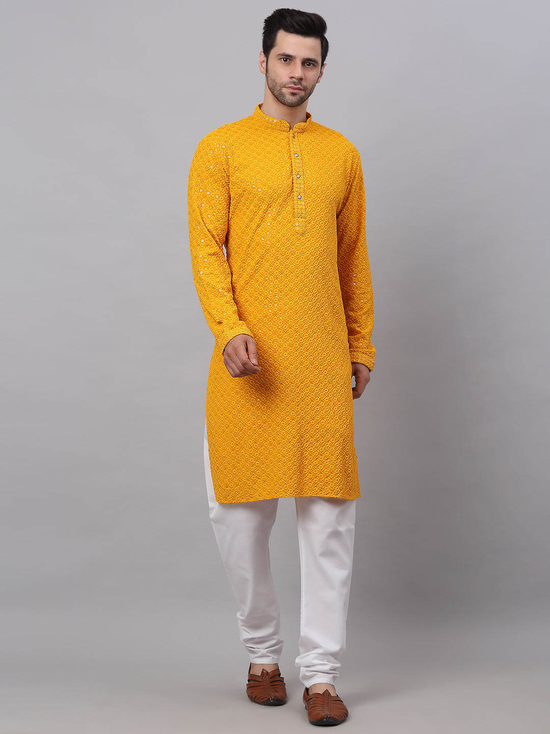 Men Mustard Chikankari Embroidered And Sequence Kurta With Churidar