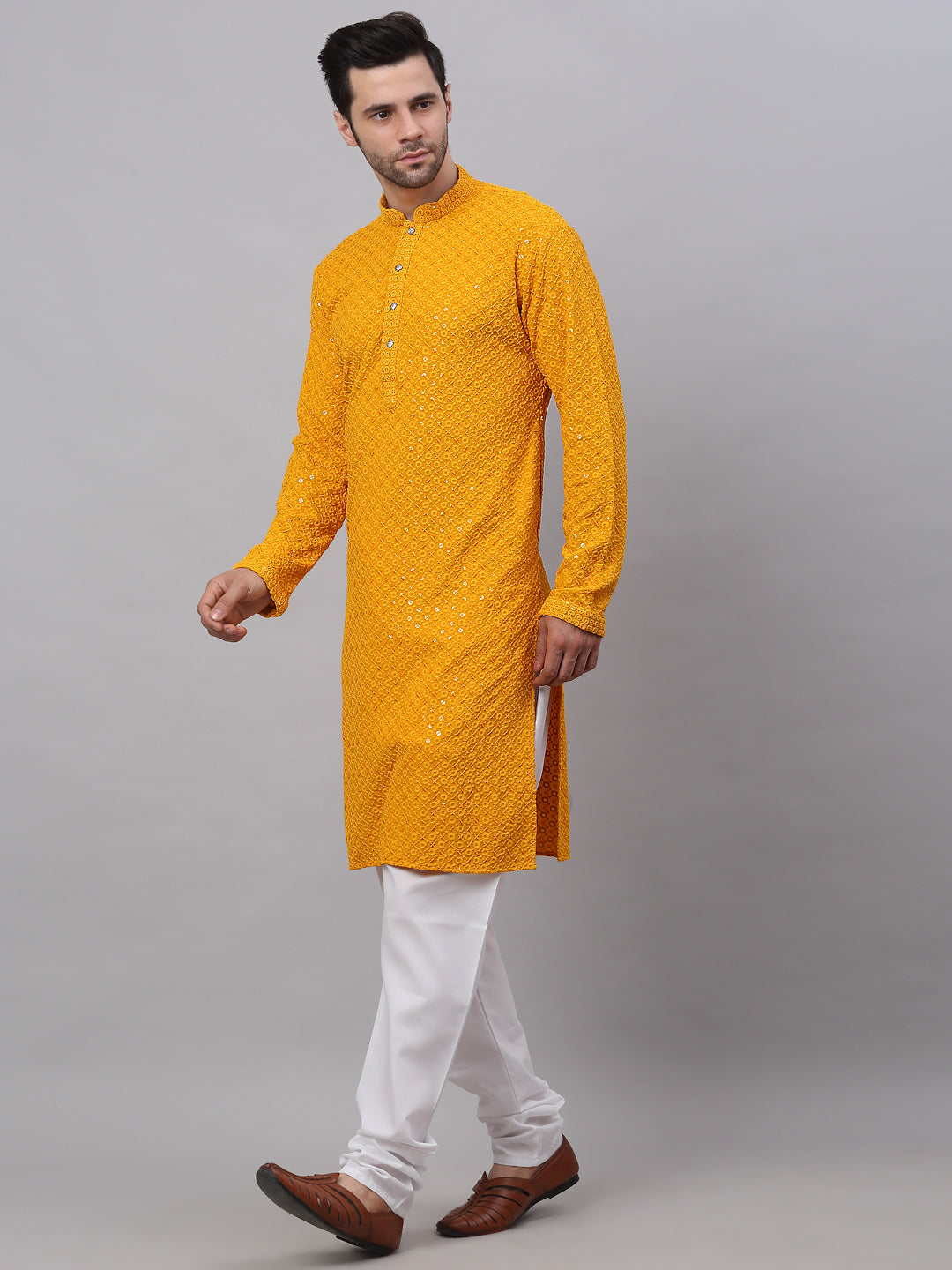 Men Mustard Chikankari Embroidered And Sequence Kurta With Churidar