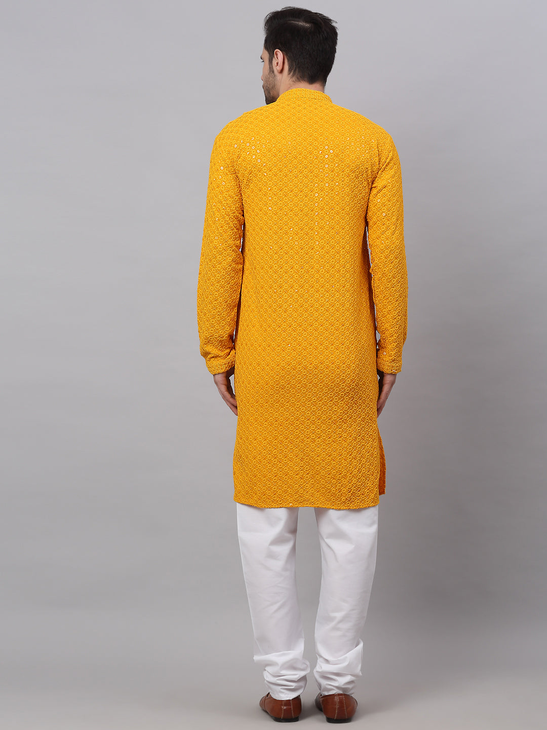 Men Mustard Chikankari Embroidered And Sequence Kurta With Churidar