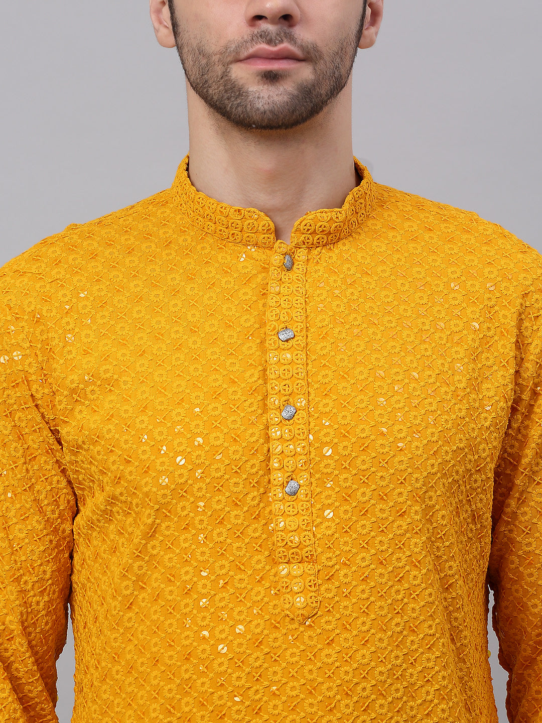 Men Mustard Chikankari Embroidered And Sequence Kurta With Churidar