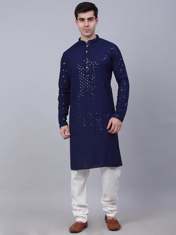 Men Navy Blue Chikankari Embroidered And Sequence Kurta With Churidar