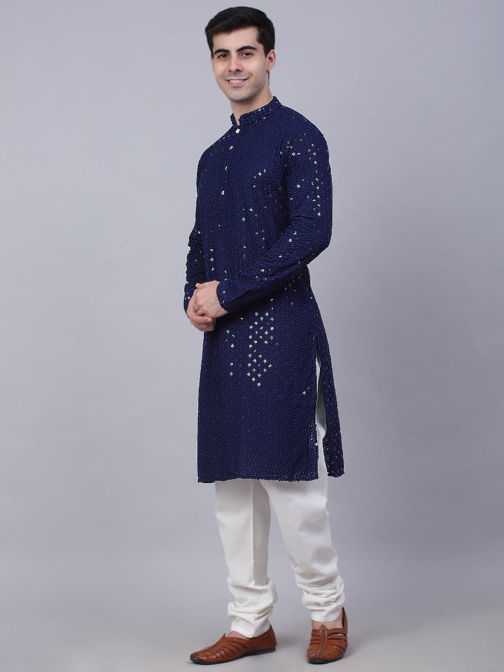 Men Navy Blue Chikankari Embroidered And Sequence Kurta With Churidar