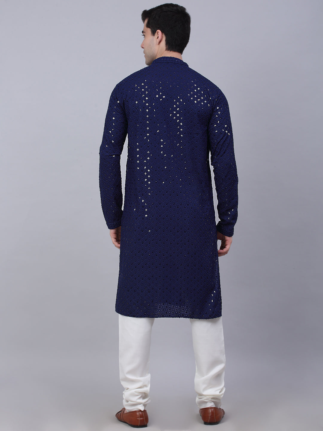 Men Navy Blue Chikankari Embroidered And Sequence Kurta With Churidar