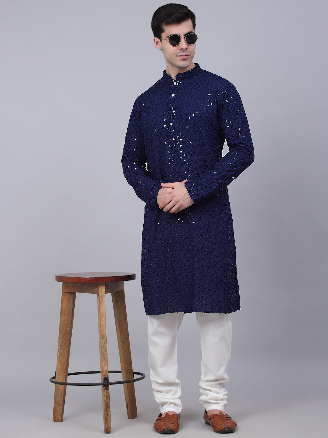Men Navy Blue Chikankari Embroidered And Sequence Kurta With Churidar