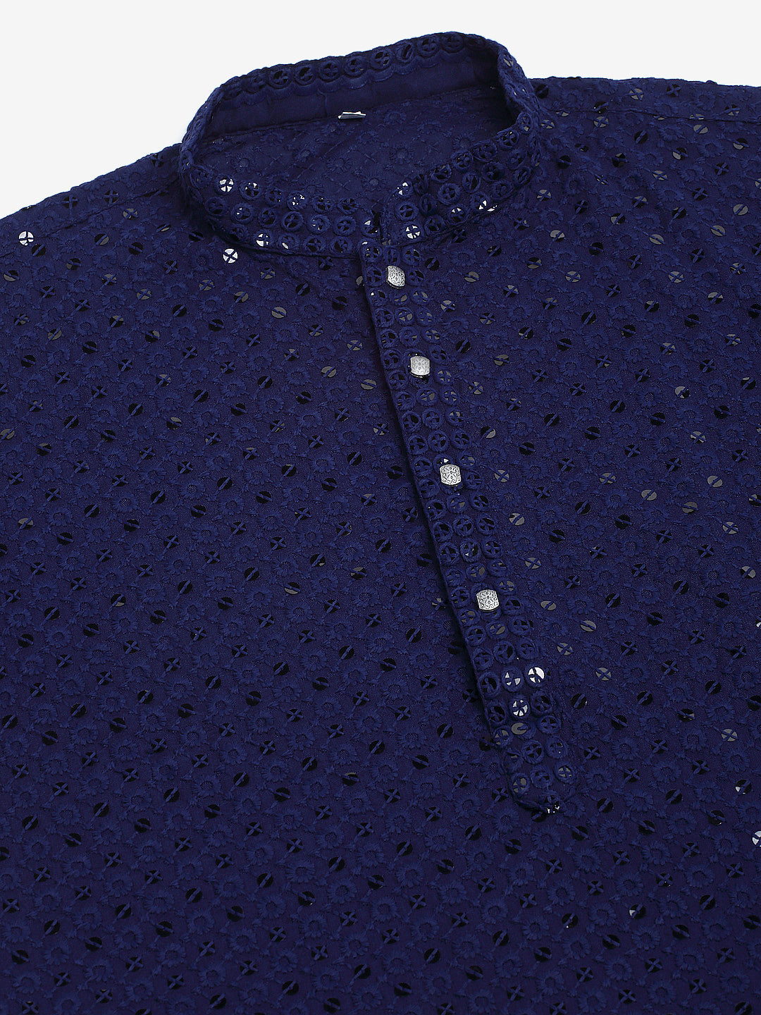 Men Navy Blue Chikankari Embroidered And Sequence Kurta With Churidar