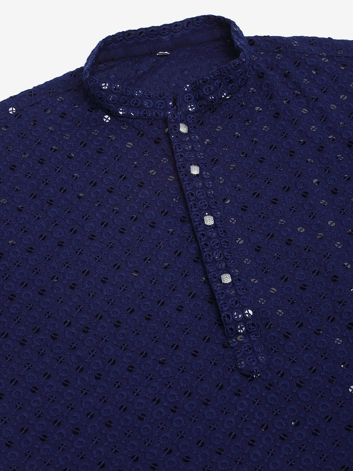Men Navy Blue Chikankari Embroidered And Sequence Kurta With Churidar