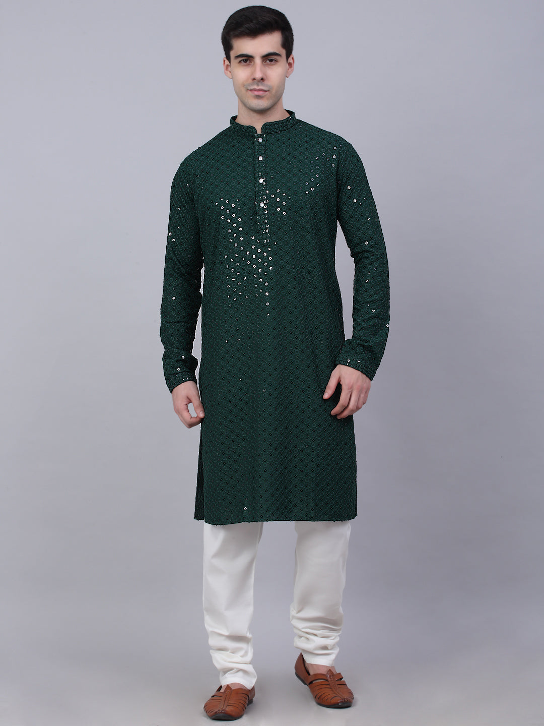 Men Olive Green Chikankari Embroidered And Sequence Kurta With Churidar