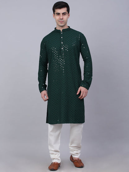 Men Olive Green Chikankari Embroidered And Sequence Kurta With Churidar