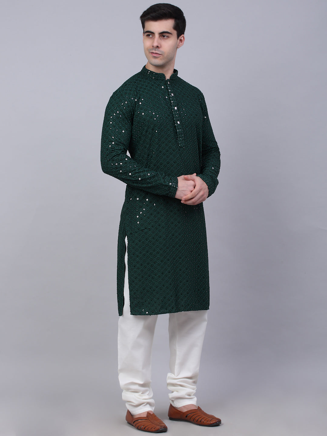 Men Olive Green Chikankari Embroidered And Sequence Kurta With Churidar