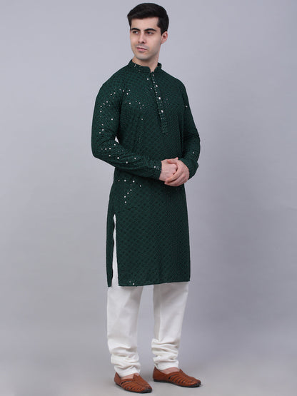 Men Olive Green Chikankari Embroidered And Sequence Kurta With Churidar