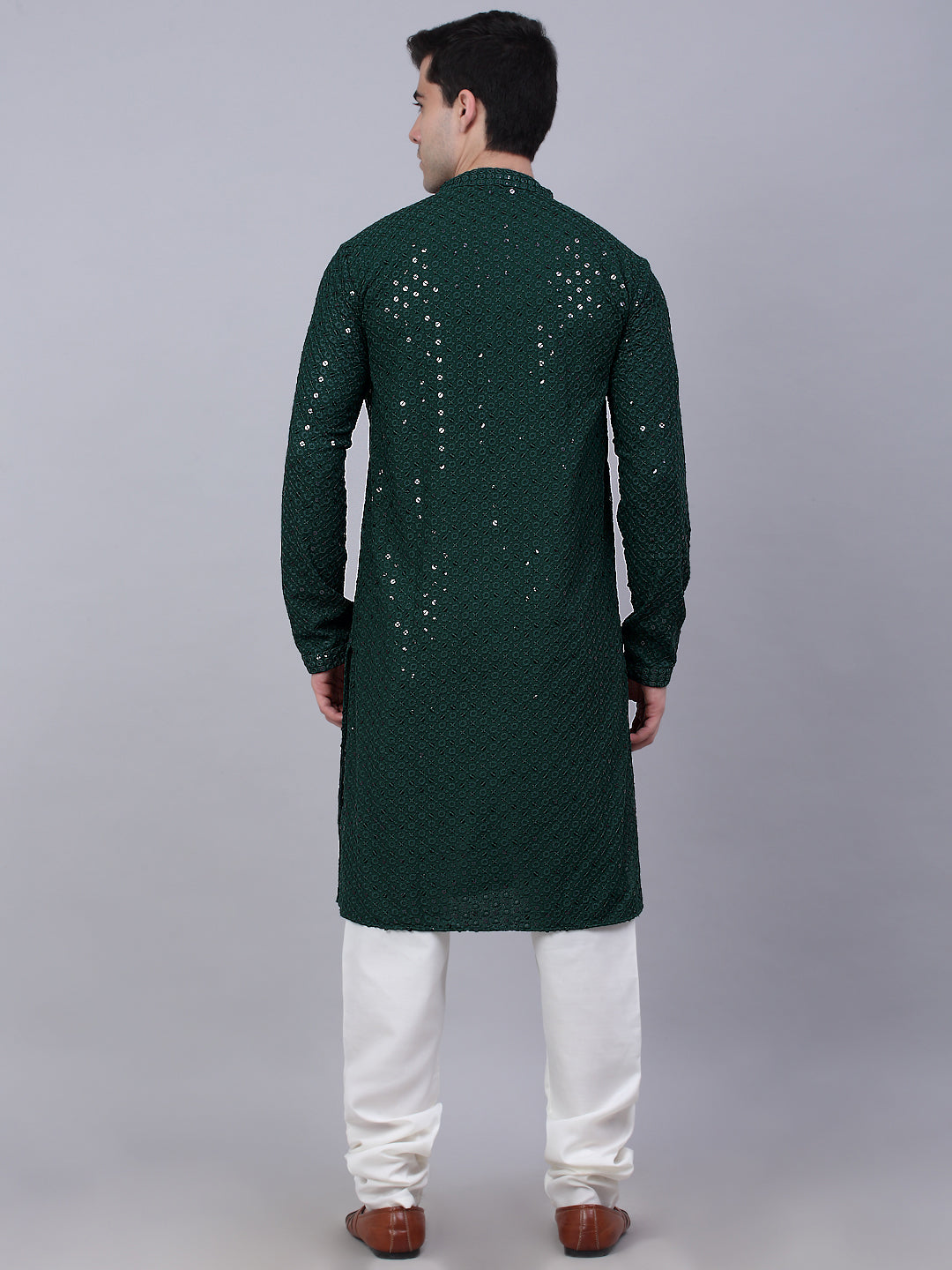 Men Olive Green Chikankari Embroidered And Sequence Kurta With Churidar