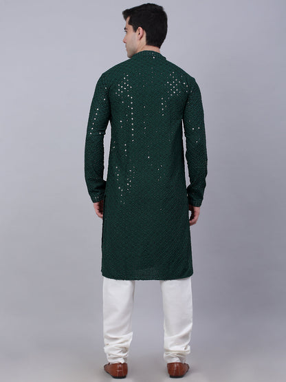 Men Olive Green Chikankari Embroidered And Sequence Kurta With Churidar