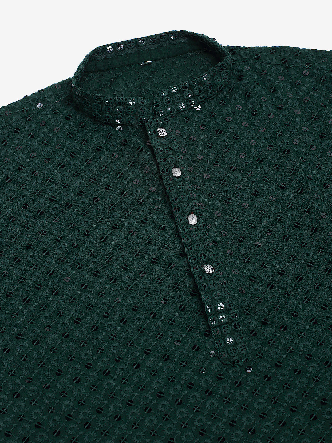 Men Olive Green Chikankari Embroidered And Sequence Kurta With Churidar