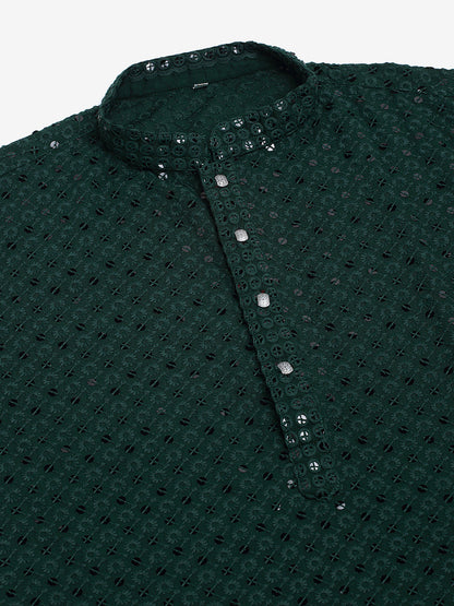 Men Olive Green Chikankari Embroidered And Sequence Kurta With Churidar