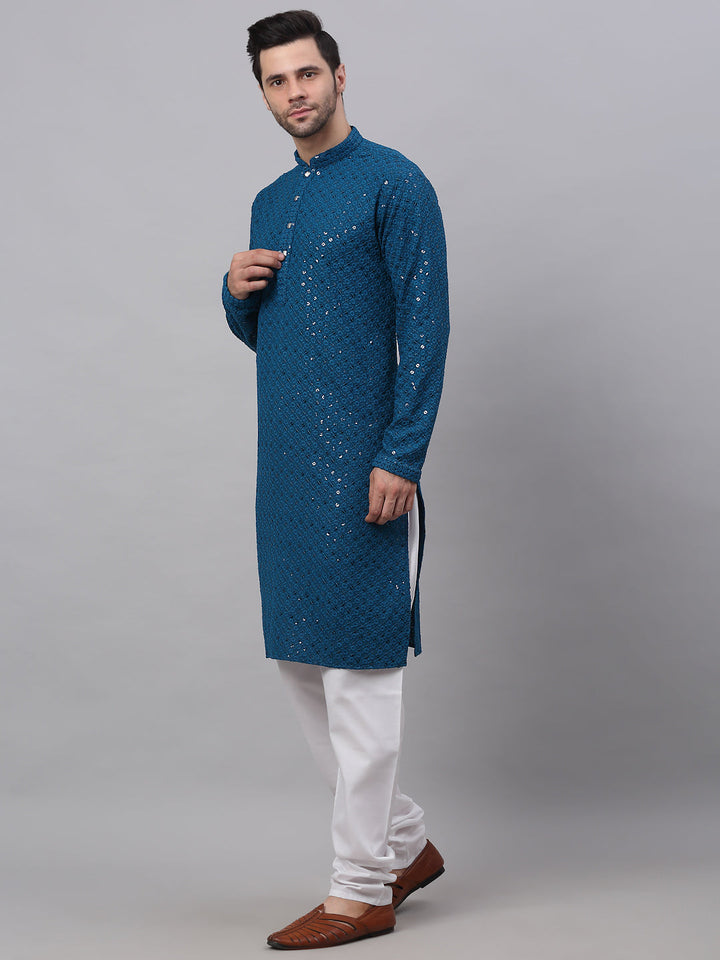 Men Blue Chikankari Embroidered And Sequence Kurta With Churidar