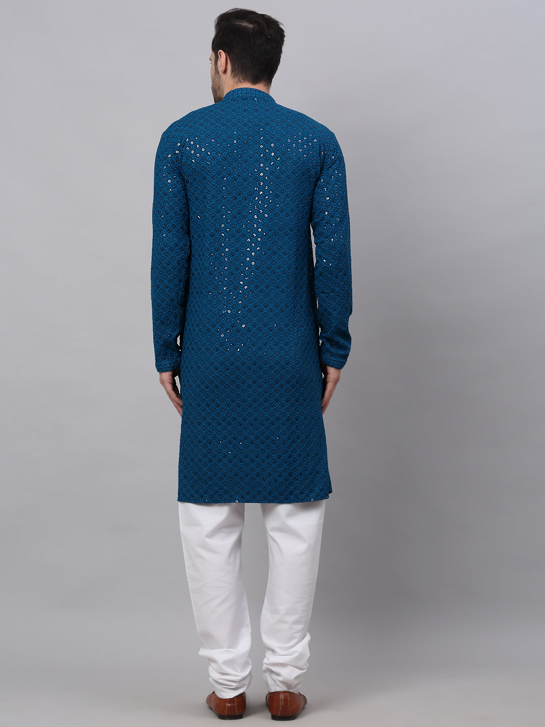 Men Blue Chikankari Embroidered And Sequence Kurta With Churidar