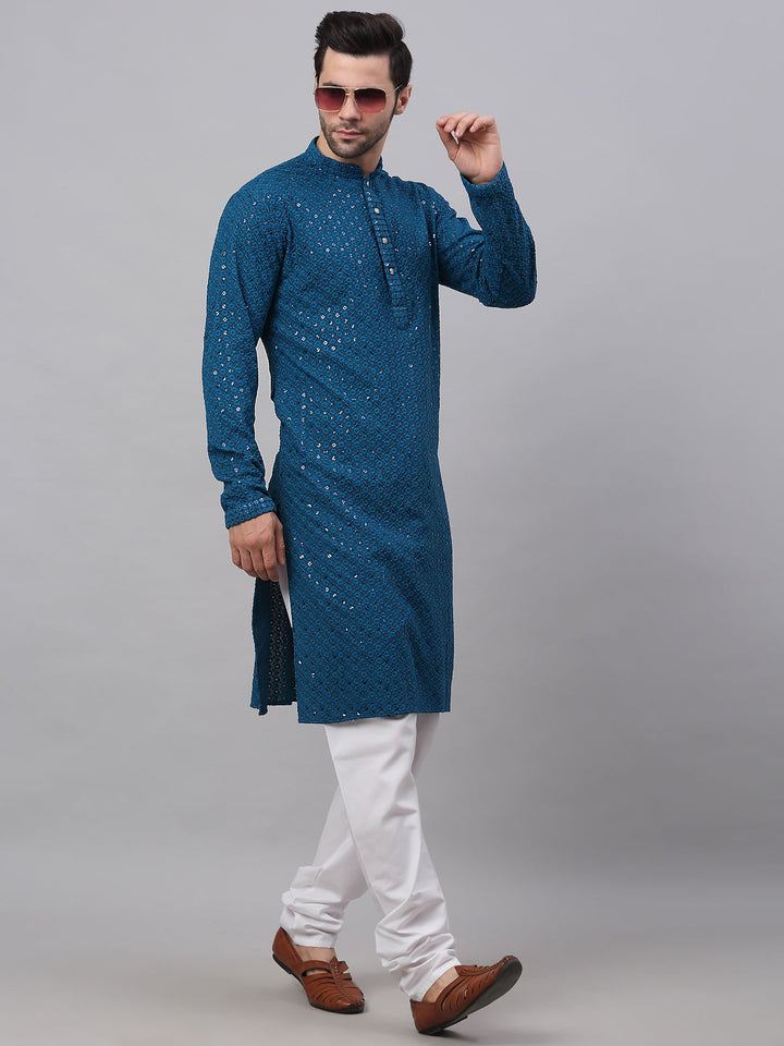 Men Blue Chikankari Embroidered And Sequence Kurta With Churidar