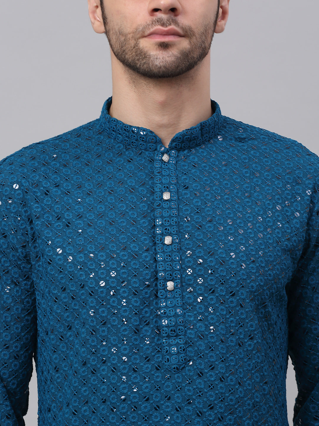 Men Blue Chikankari Embroidered And Sequence Kurta With Churidar