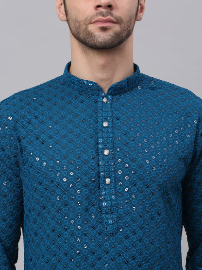 Men Blue Chikankari Embroidered And Sequence Kurta With Churidar