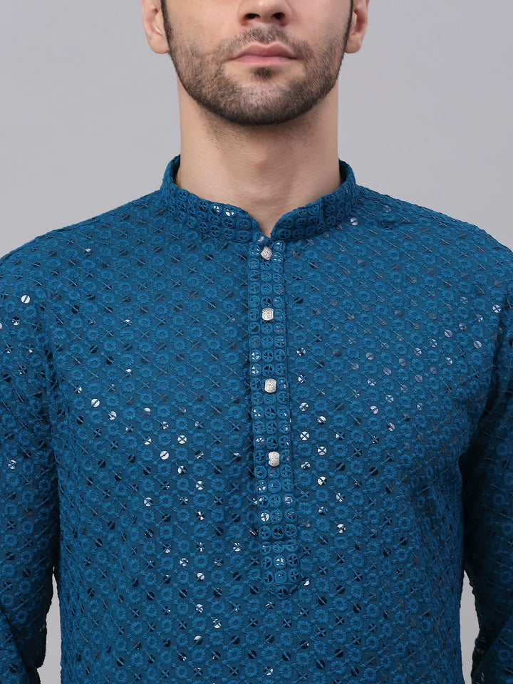 Men Blue Chikankari Embroidered And Sequence Kurta With Churidar