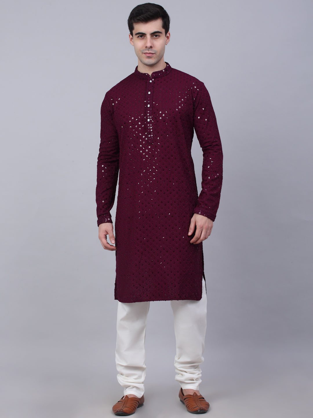 Men Purple Chikankari Embroidered And Sequence Kurta With Churidar