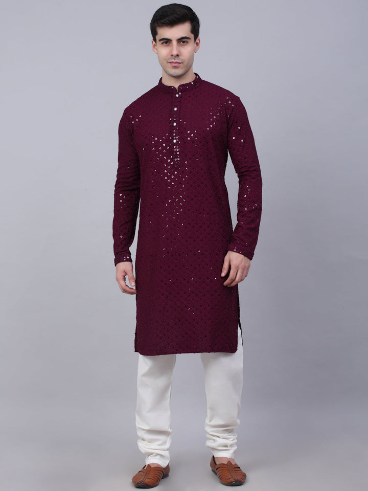 Men Purple Chikankari Embroidered And Sequence Kurta With Churidar