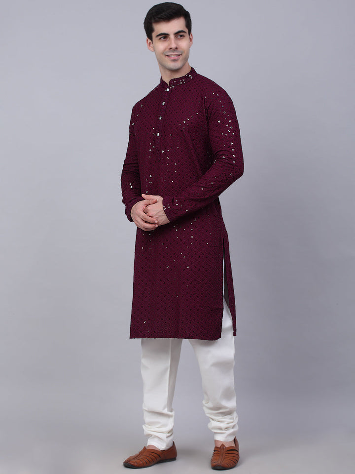 Men Purple Chikankari Embroidered And Sequence Kurta With Churidar