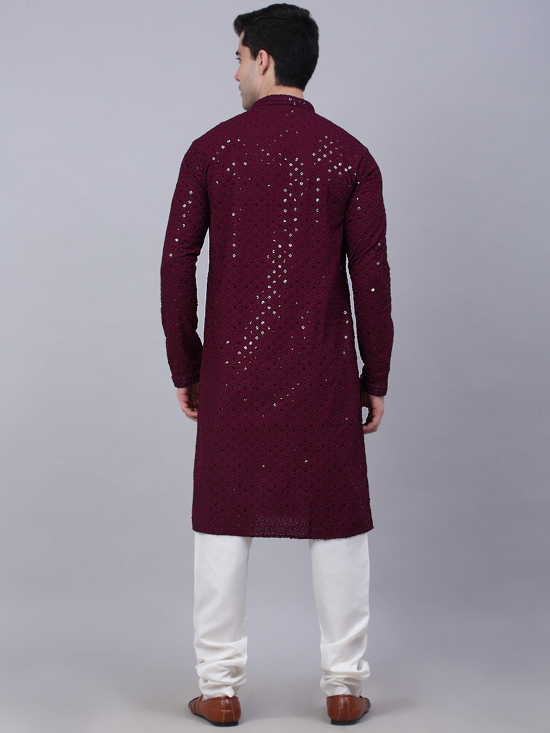 Men Purple Chikankari Embroidered And Sequence Kurta With Churidar