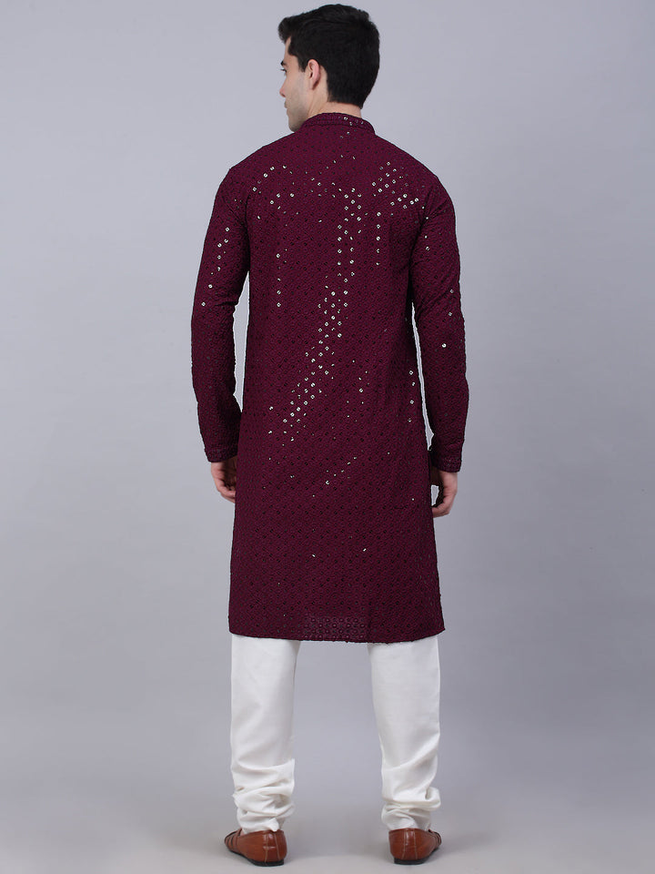 Men Purple Chikankari Embroidered And Sequence Kurta With Churidar