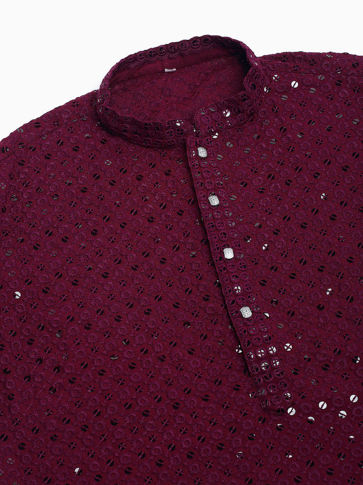 Men Purple Chikankari Embroidered And Sequence Kurta With Churidar