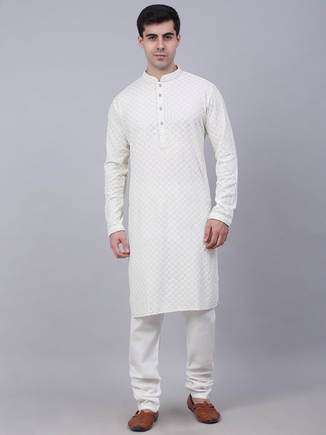 Men White Chikankari Embroidered And Sequence Kurta With Churidar